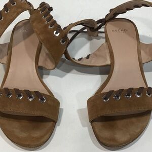 Women’s Escada Brown Suede Sandals with Block Heel and Studded Strap Size 38.5